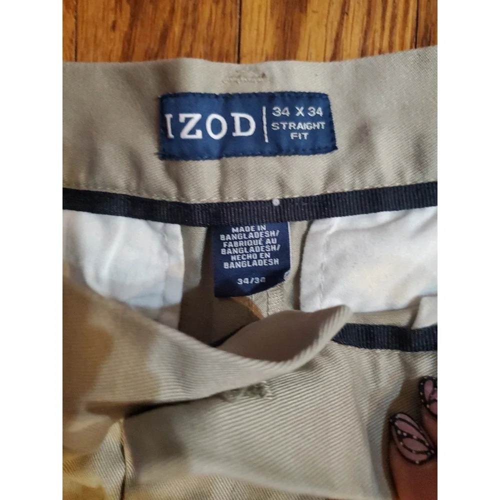 Izod Mens Tan Beige Khaki Chino Pants 34 X 34 Straight Fit Flat Front Cotton‎